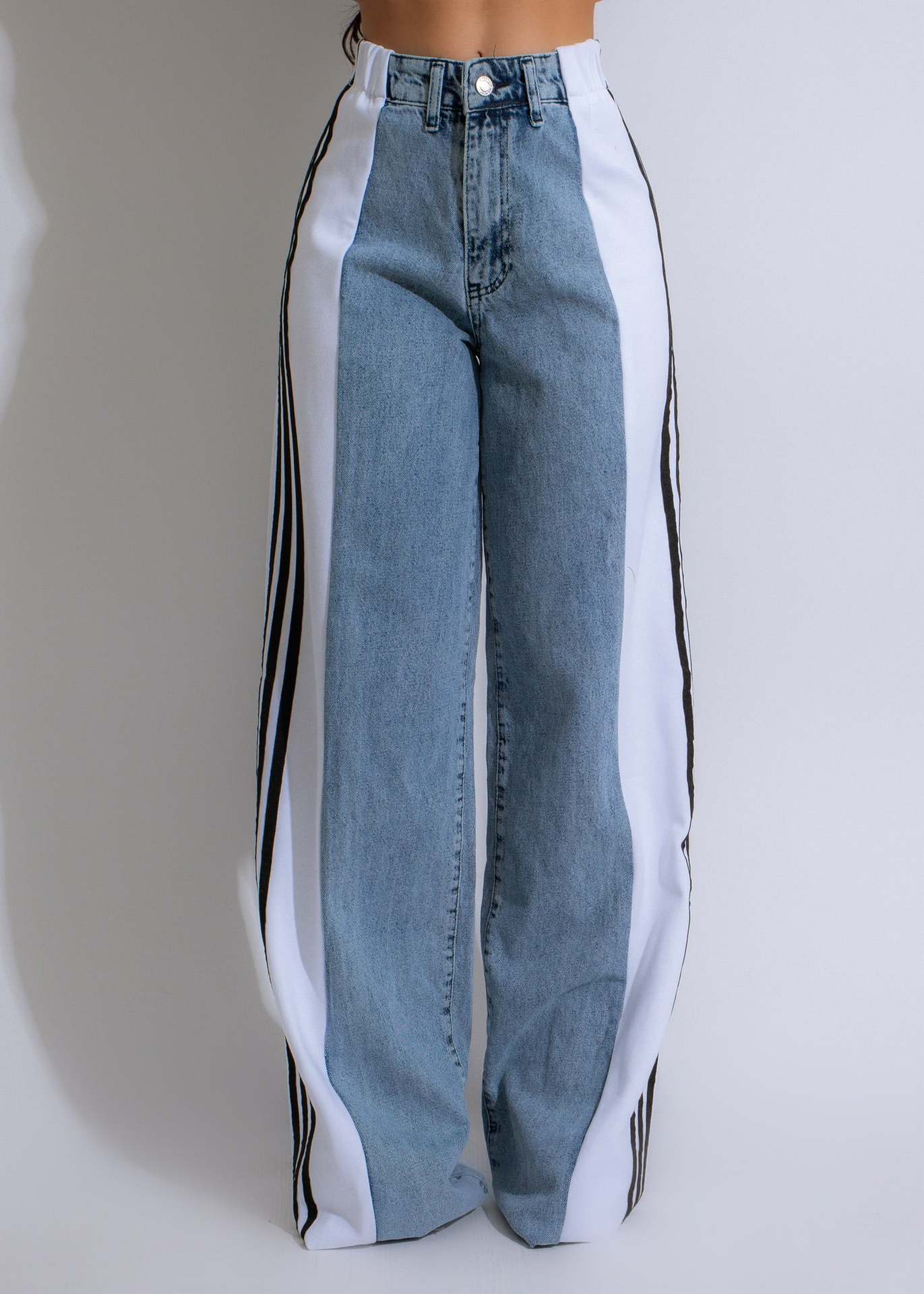 Three Stripe Patchwork Denim Wide Leg Pants