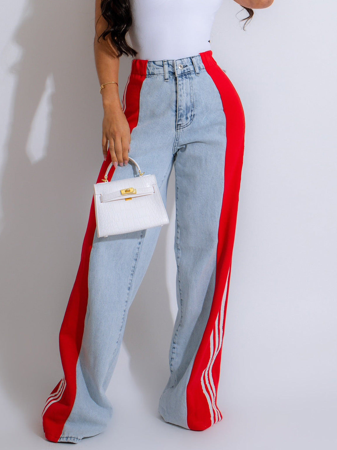 Three Stripe Patchwork Denim Wide Leg Pants