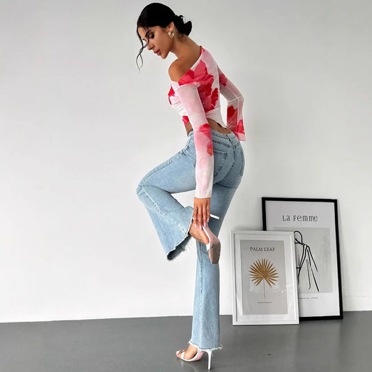 Gradient Floral Mesh Floral Print Top