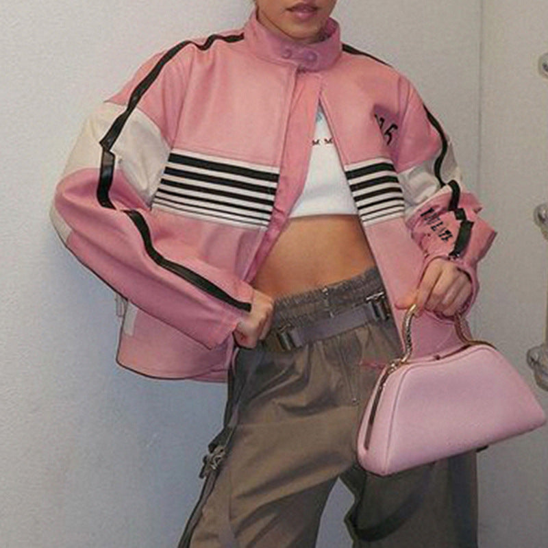 Motorcycle Contrast Color Leather Jacket