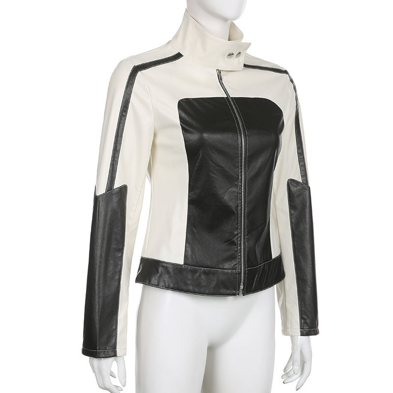 Patchwork Slim Collared Casual Leather Jacket