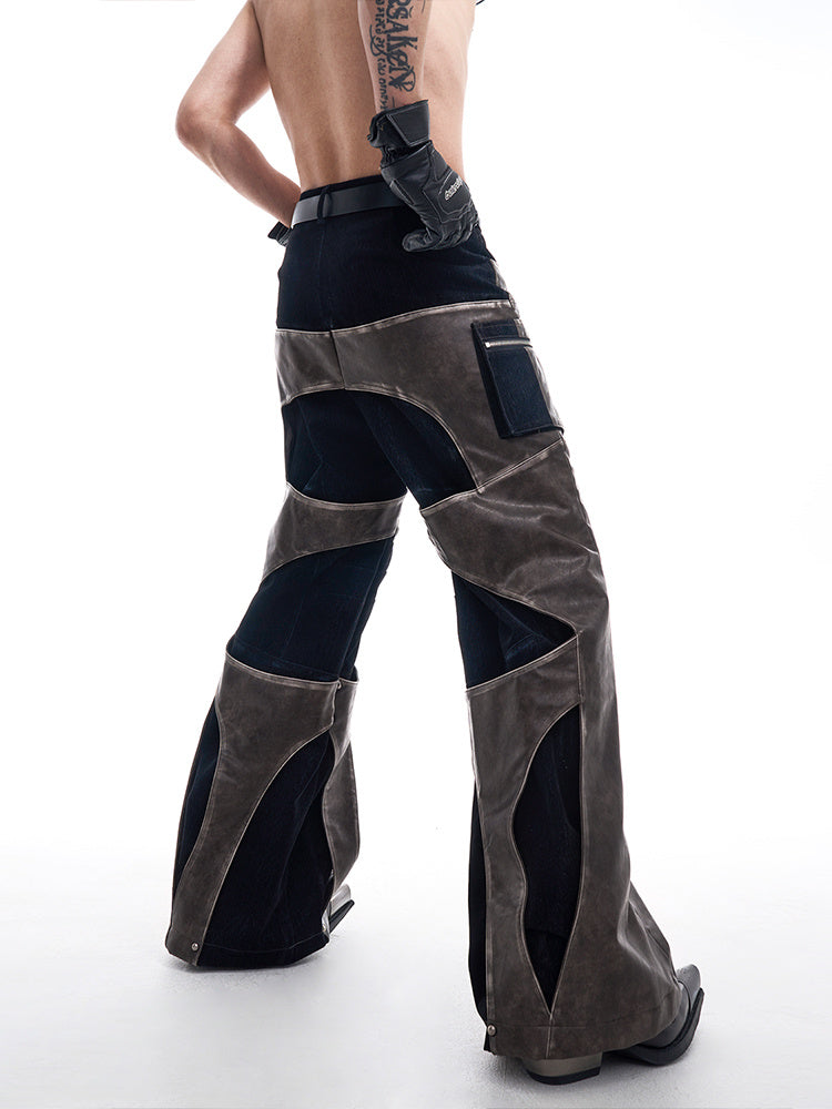 Leather Patchwork Casual Straight Pants
