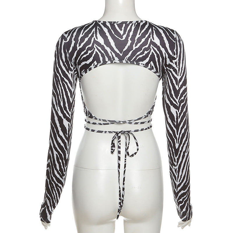 Striped Print Lace-up Short Top