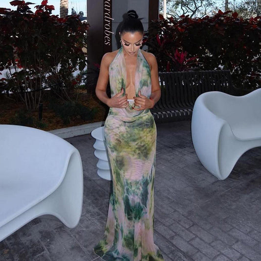 Deep V-neck Halter Backless Long Dress