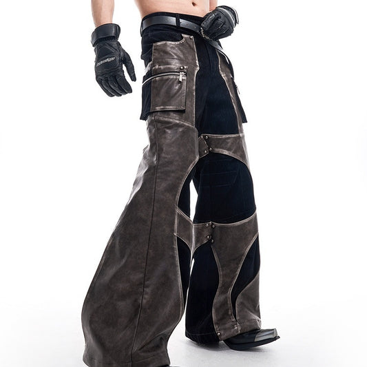 Leather Patchwork Casual Straight Pants