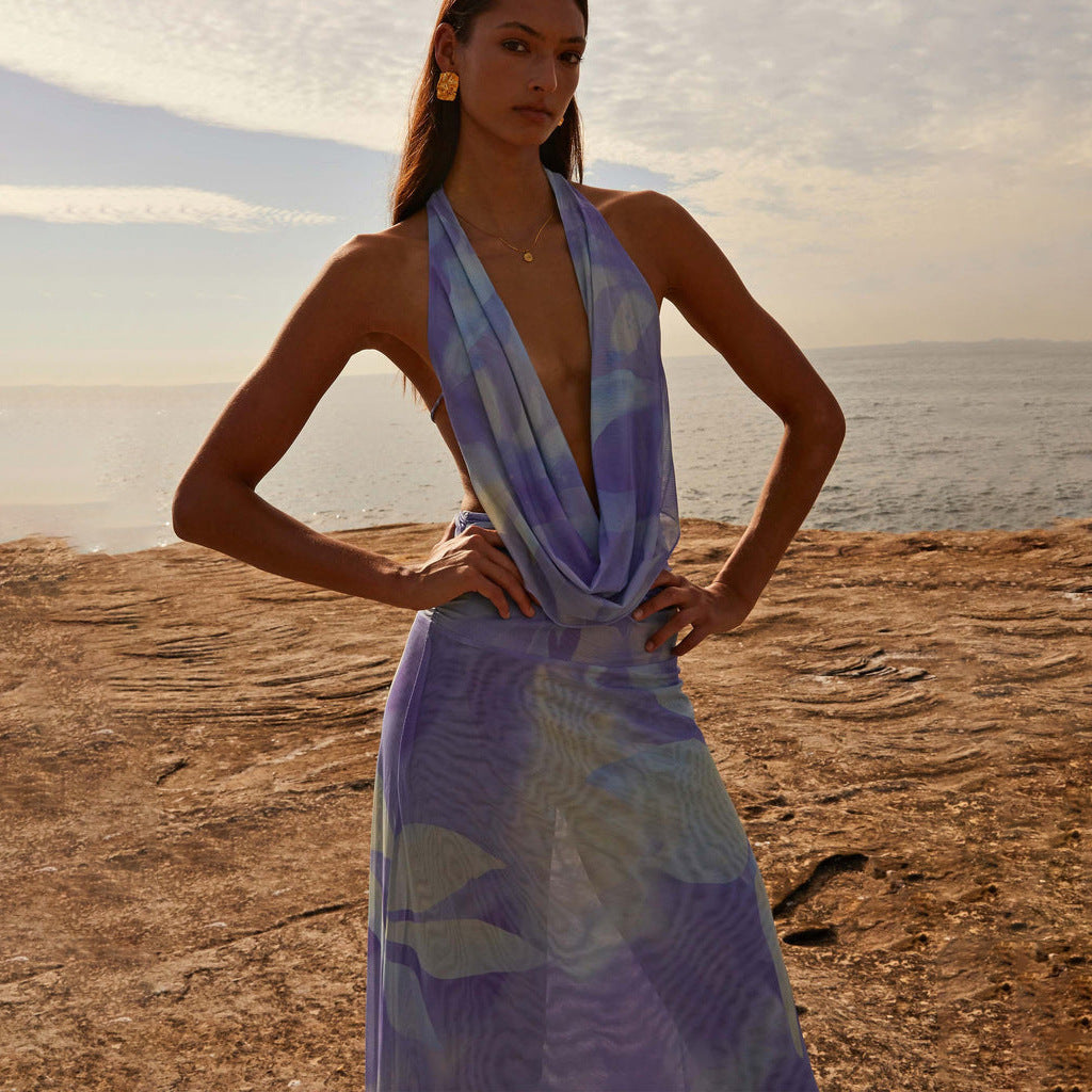 Deep V-neck Halter Backless Long Dress