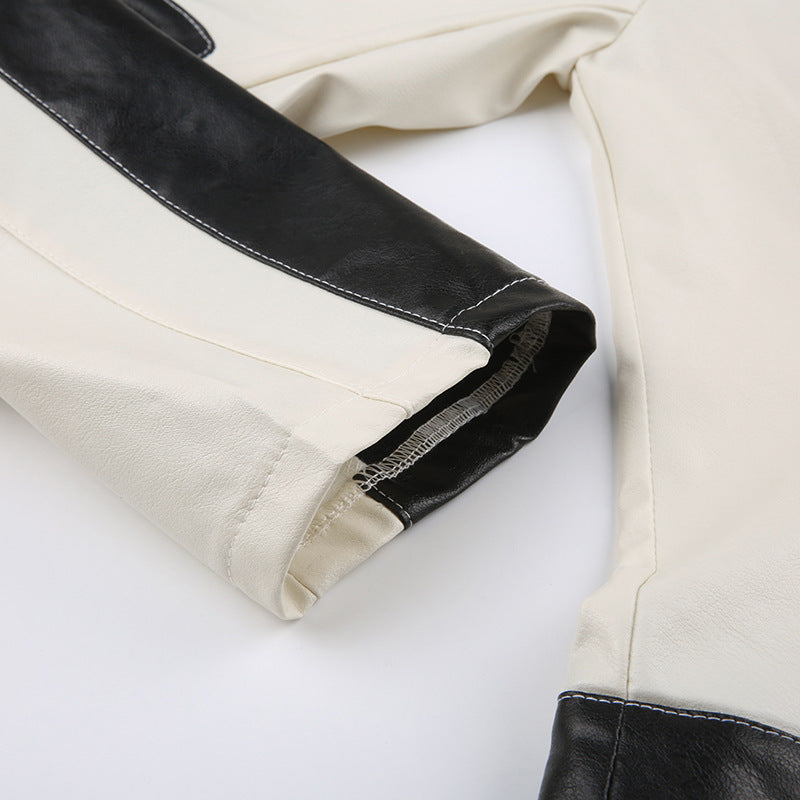 Patchwork Slim Collared Casual Leather Jacket
