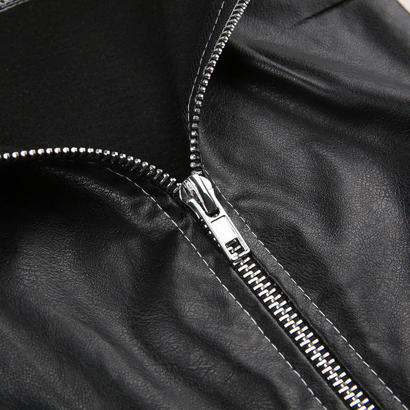 Patchwork Slim Collared Casual Leather Jacket