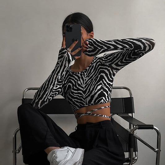 Striped Print Lace-up Short Top