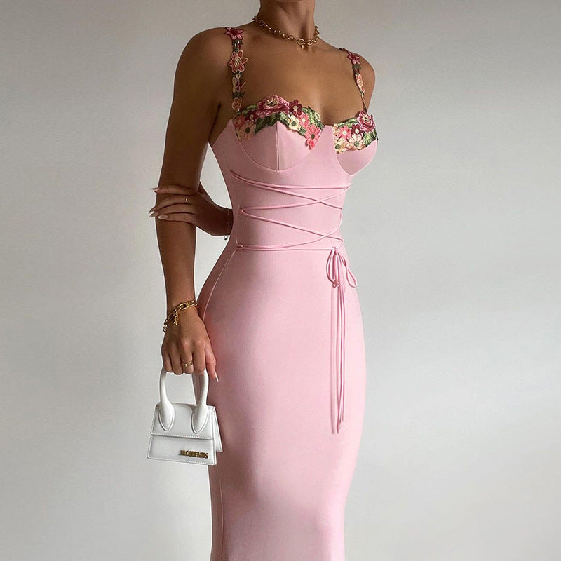 Embroidered Flower Suspender Dress
