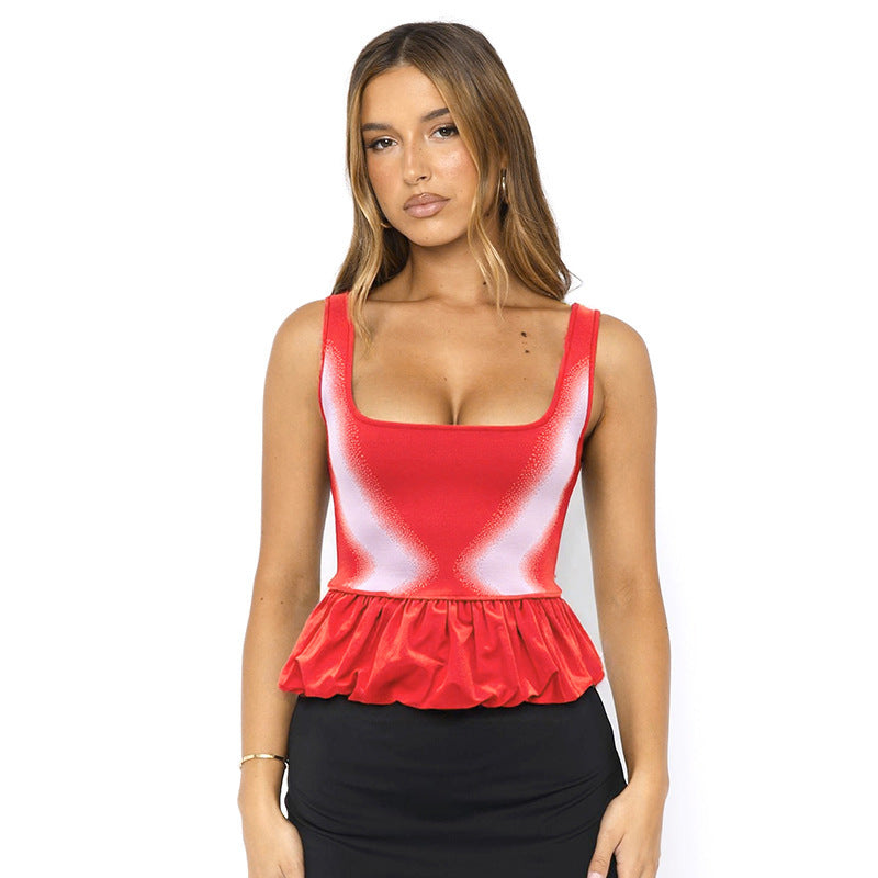U-neck Contrast-color Ruffled Vest T-shirt