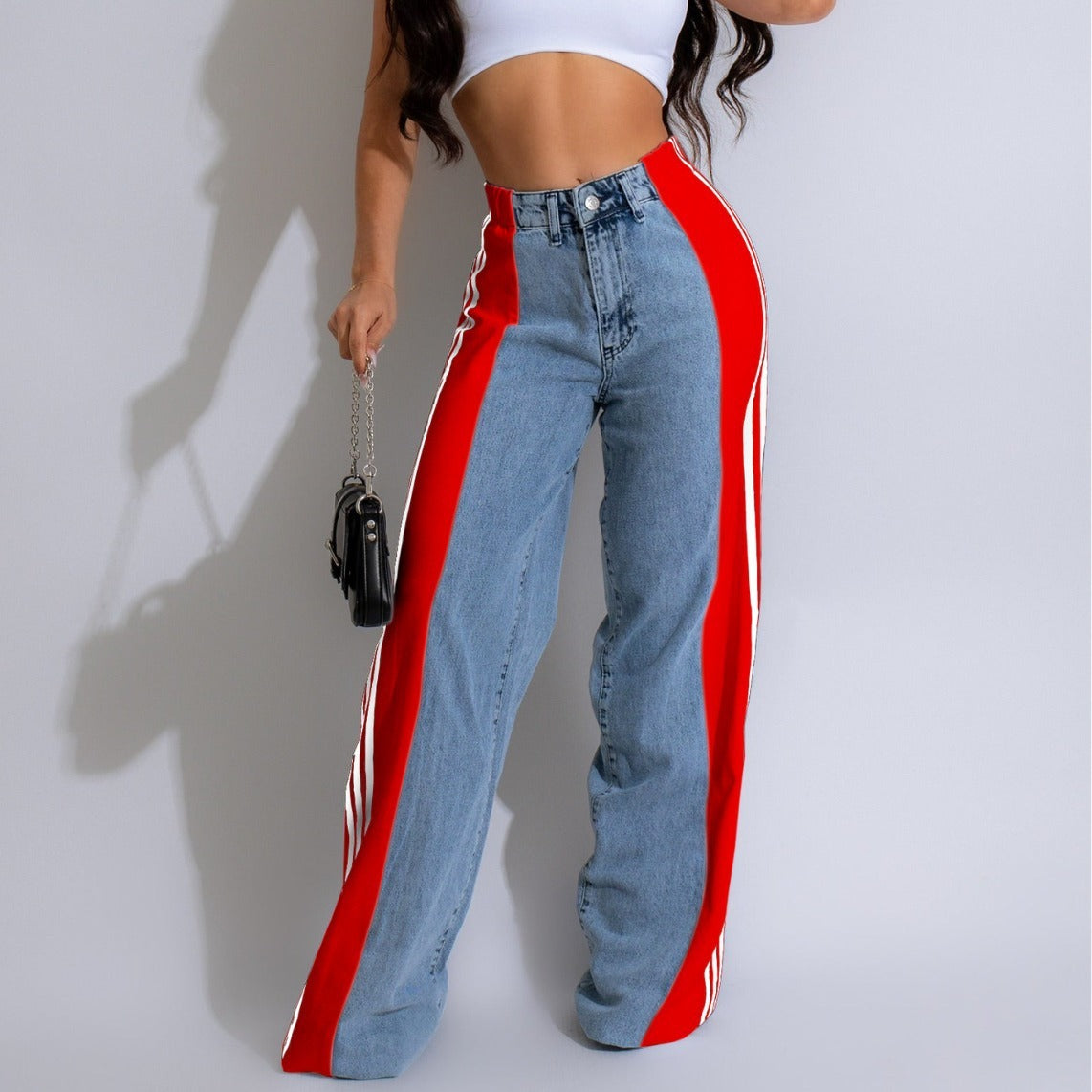 Three Stripe Patchwork Denim Wide Leg Pants