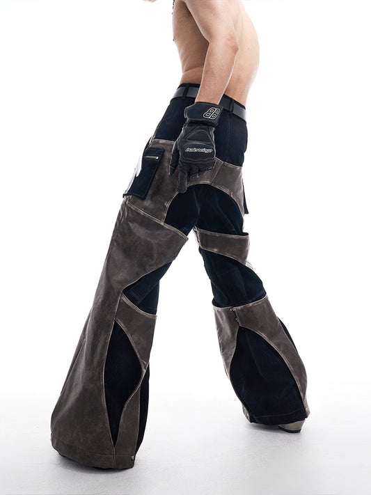 Leather Patchwork Casual Straight Pants