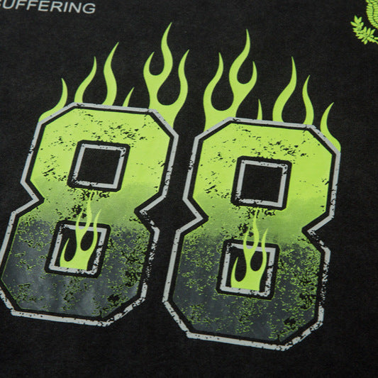 Flame Letter Print Faux Two-piece Long Sleeve Retro Distressed Top