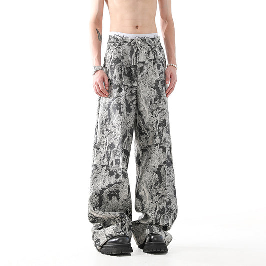 Jacquard Design Rag-eared Casual Pants