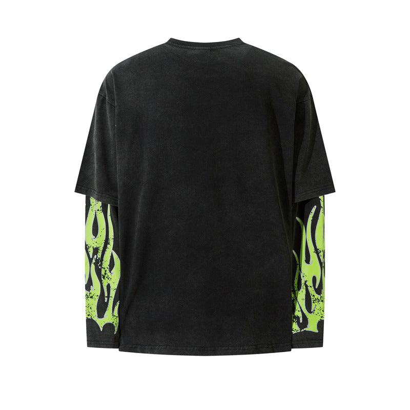 Flame Letter Print Faux Two-piece Long Sleeve Retro Distressed Top