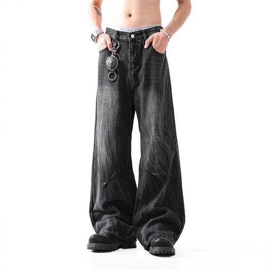 Lightning Pattern Washed Straight Jeans