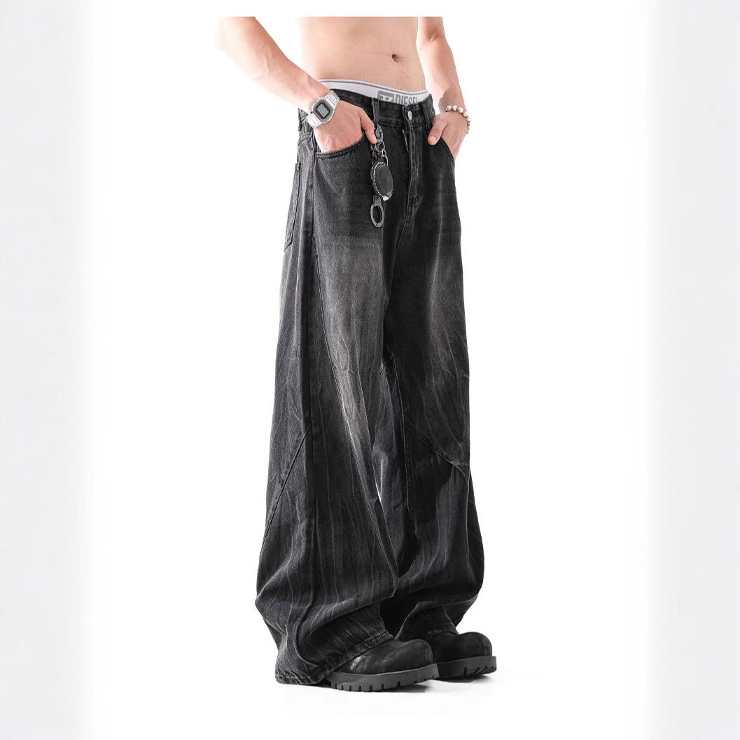 Lightning Pattern Washed Straight Jeans