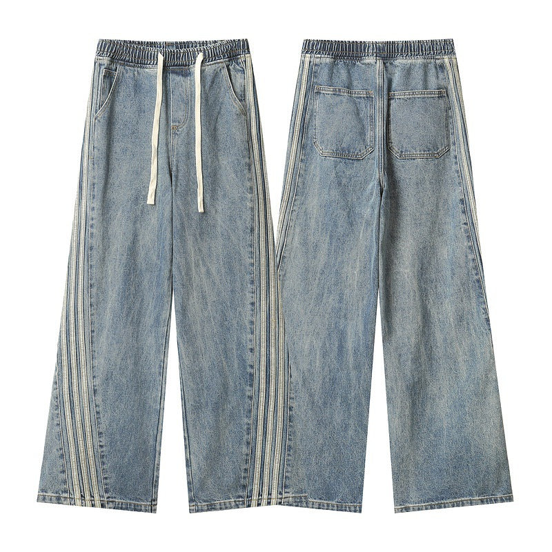 Light Blue Side Three Bars Straight Jeans