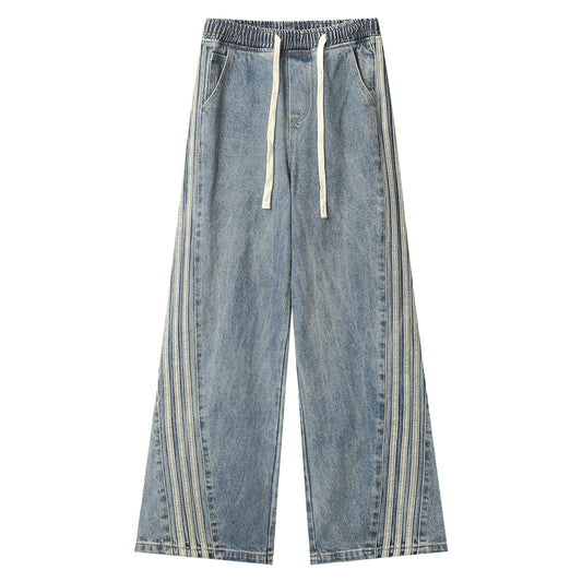 Light Blue Side Three Bars Straight Jeans
