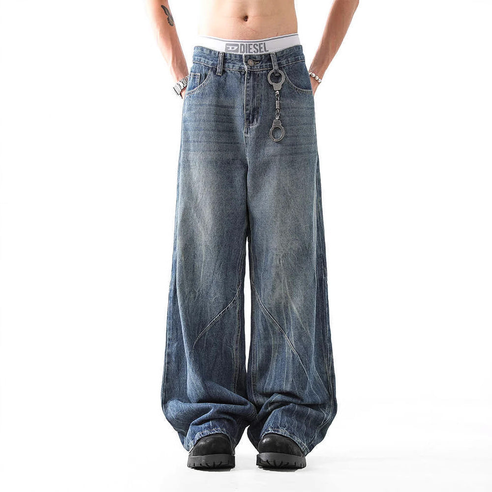 Lightning Pattern Washed Straight Jeans