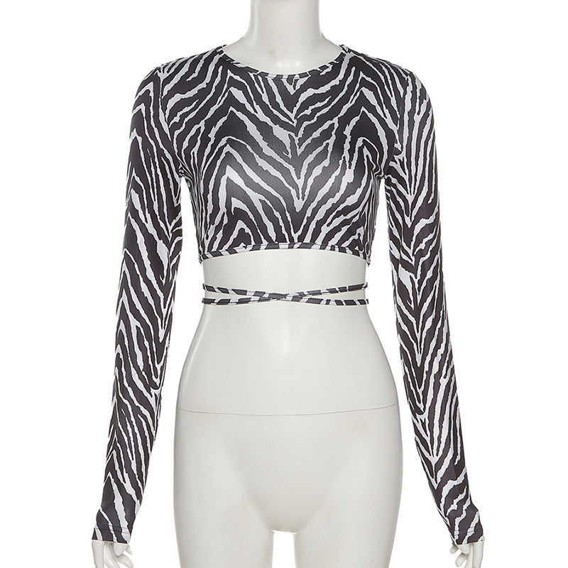 Striped Print Lace-up Short Top