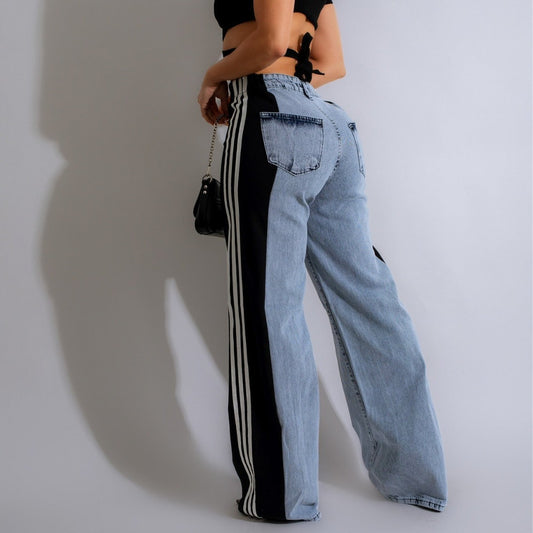 Three Stripe Patchwork Denim Wide Leg Pants