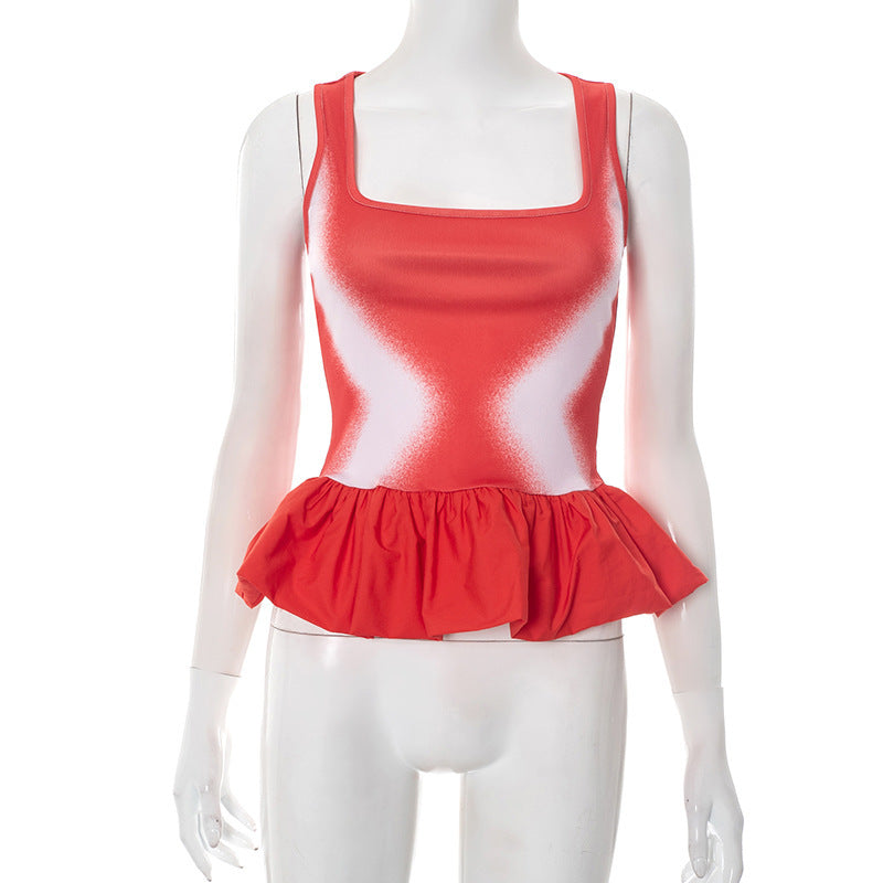 U-neck Contrast-color Ruffled Vest T-shirt