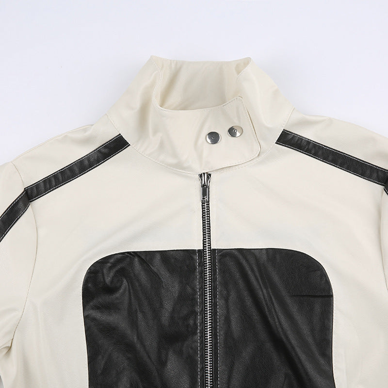 Patchwork Slim Collared Casual Leather Jacket
