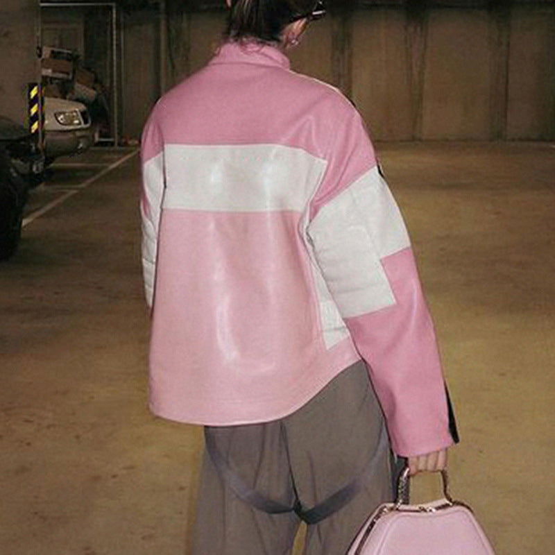 Motorcycle Contrast Color Leather Jacket