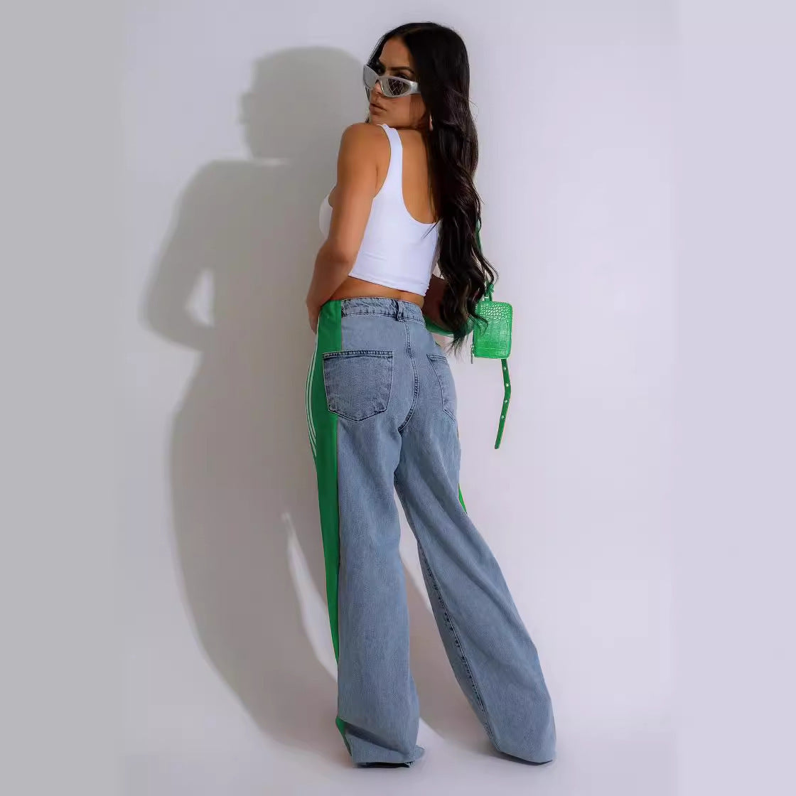 Three Stripe Patchwork Denim Wide Leg Pants
