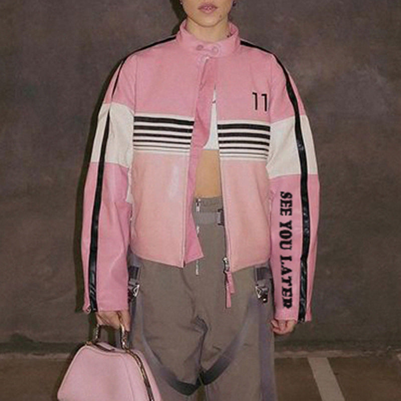 Motorcycle Contrast Color Leather Jacket