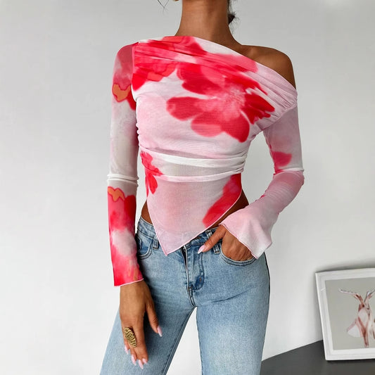 Gradient Floral Mesh Floral Print Top