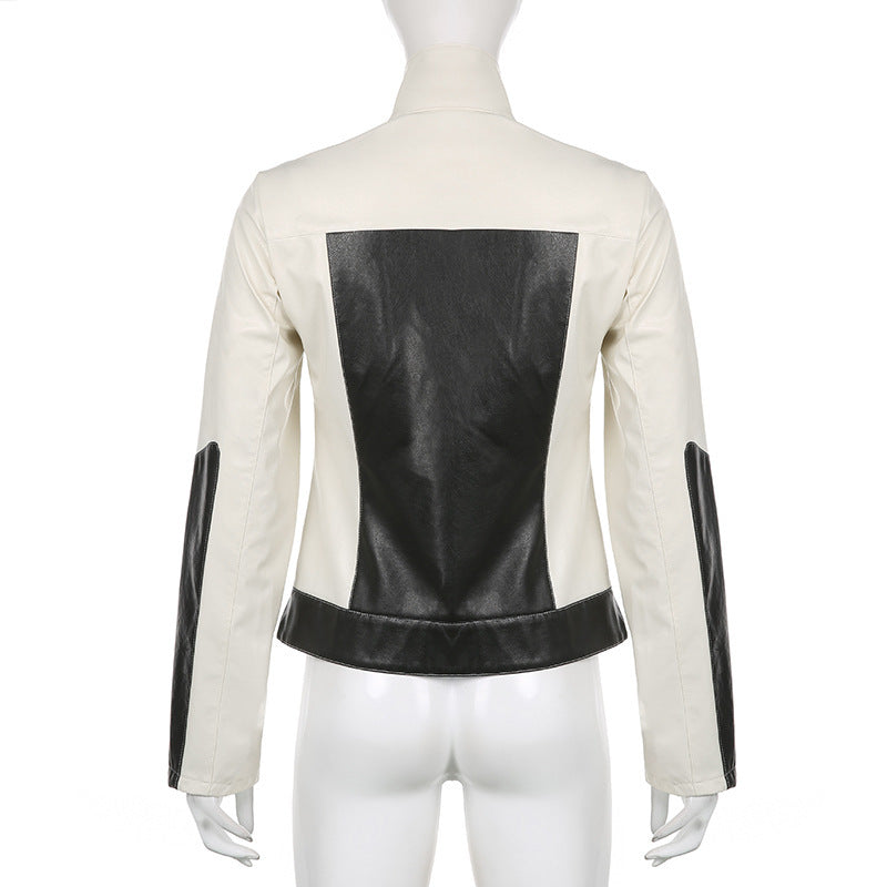 Patchwork Slim Collared Casual Leather Jacket