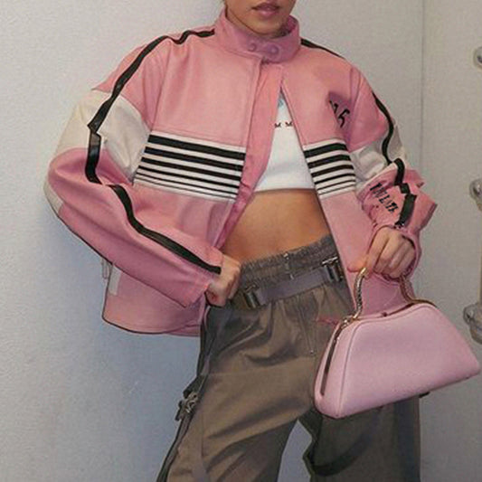 Motorcycle Contrast Color Leather Jacket
