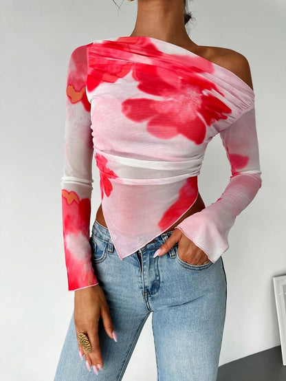 Gradient Floral Mesh Floral Print Top