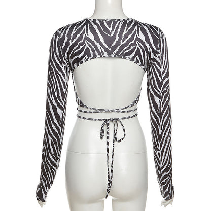 Striped Print Lace-up Short Top