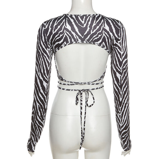 Striped Print Lace-up Short Top