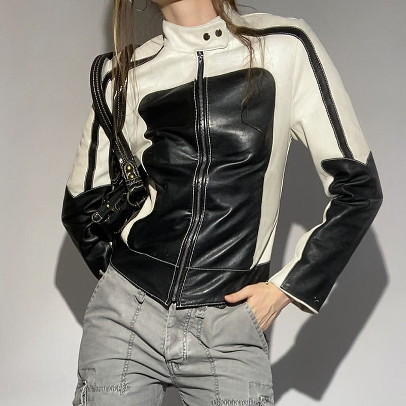 Patchwork Slim Collared Casual Leather Jacket