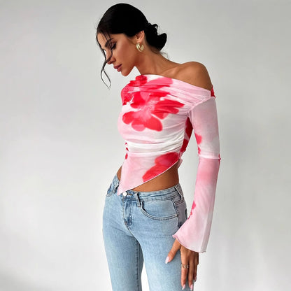 Gradient Floral Mesh Floral Print Top