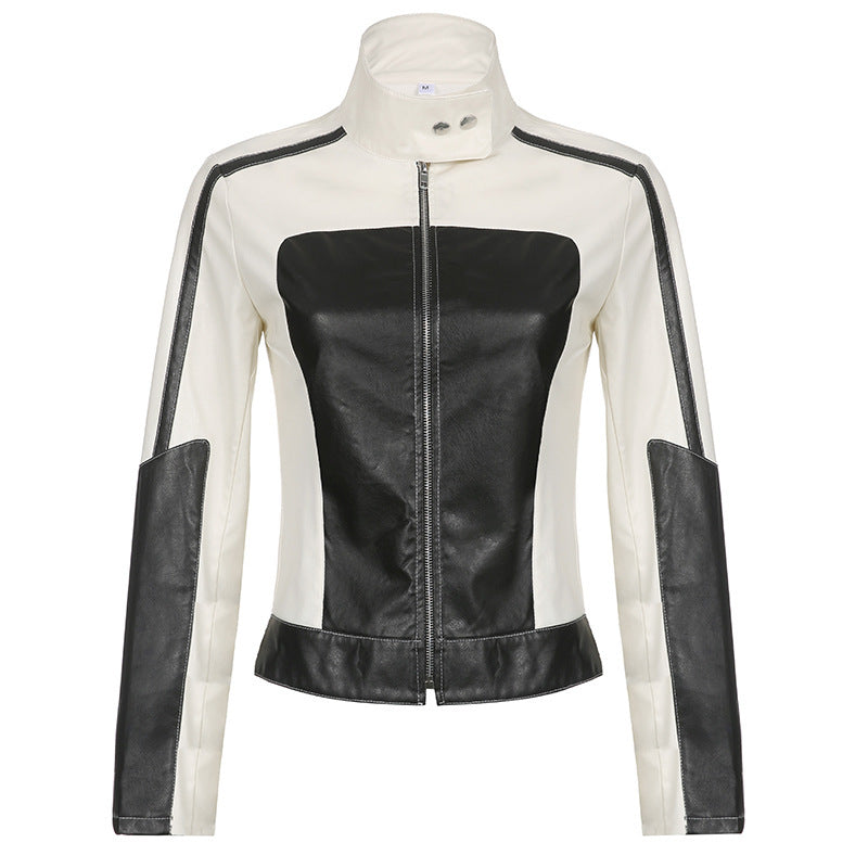 Patchwork Slim Collared Casual Leather Jacket