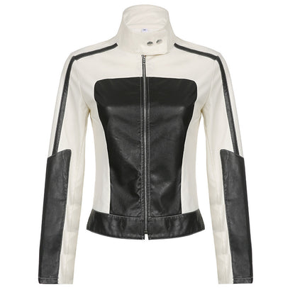 Patchwork Slim Collared Casual Leather Jacket
