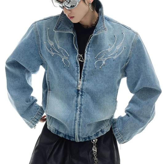 Heavy Retro Washed Rivet Backbone Denim Jacket