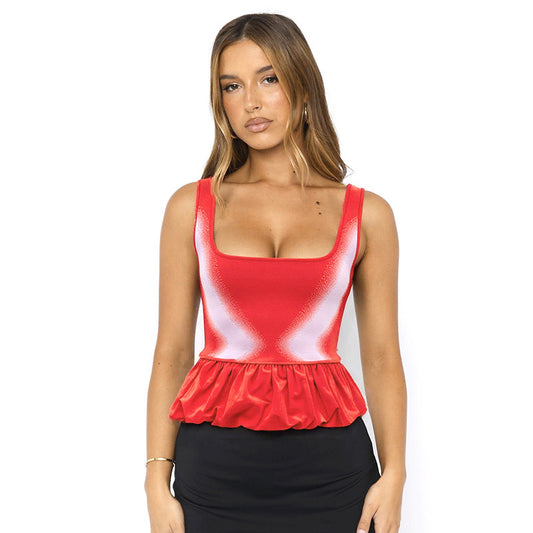 U-neck Contrast-color Ruffled Vest T-shirt