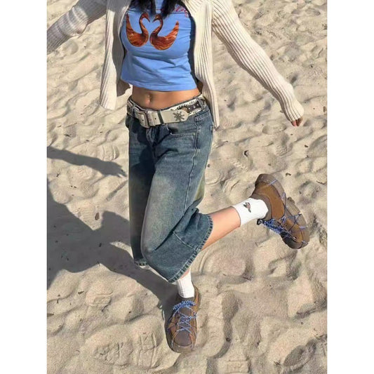 Retro Denim Shorts Cropped Pants Women's Summer Hot Girl Low Waist Straight Loose Washed-out Middle Pants