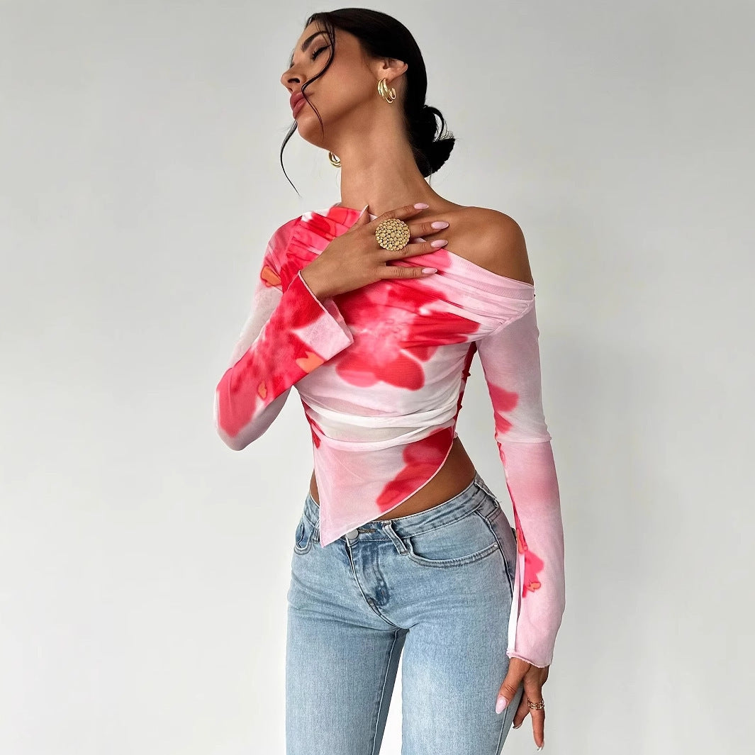 Gradient Floral Mesh Floral Print Top