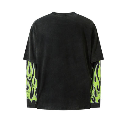 Flame Letter Print Faux Two-piece Long Sleeve Retro Distressed Top