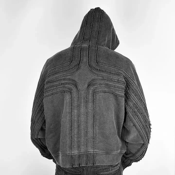 Heavy Cotton Relaxed Hand Frayed Cross Design Hoodie