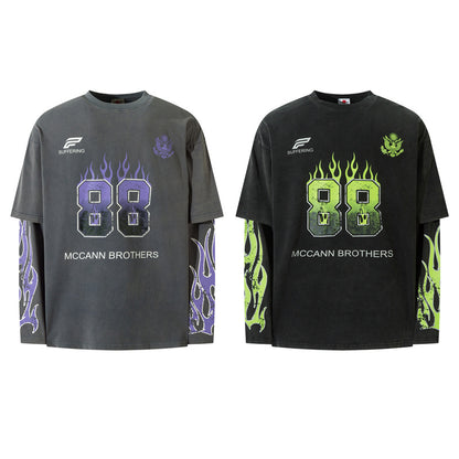 Flame Letter Print Faux Two-piece Long Sleeve Retro Distressed Top