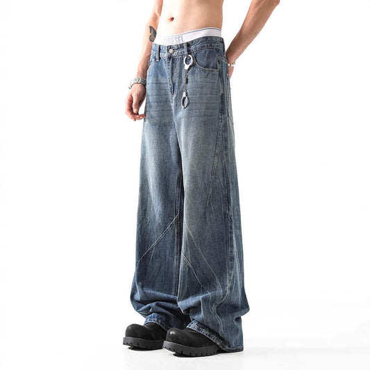 Lightning Pattern Washed Straight Jeans